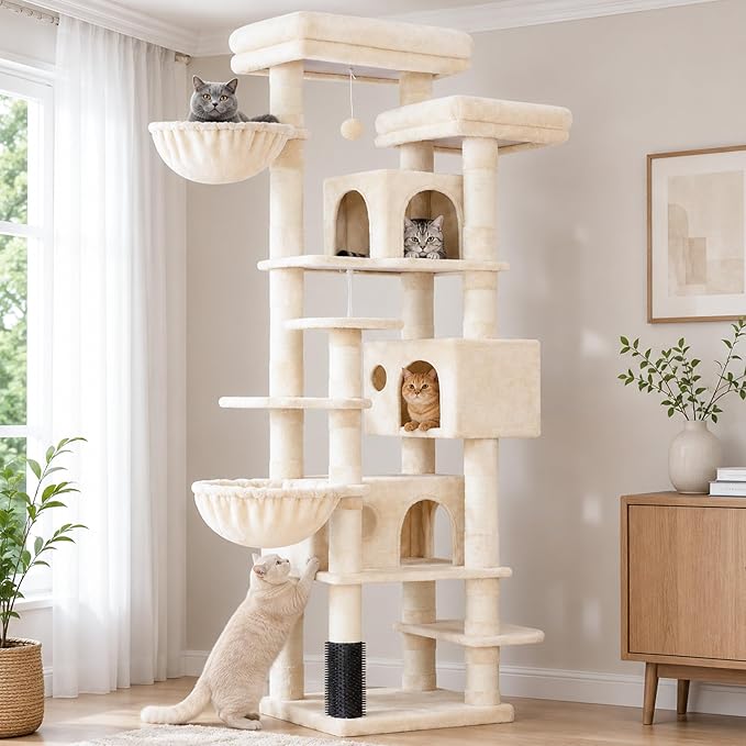 Hey-brother Cat Tree, 74 inches Multi-Level XL Large Cat Tower for Indoor Cats with Three Cat Condos, Two Large Top Decks and Cat Hairbrushfor Kittens, Cats and Pets, Beige MPJ035-MM