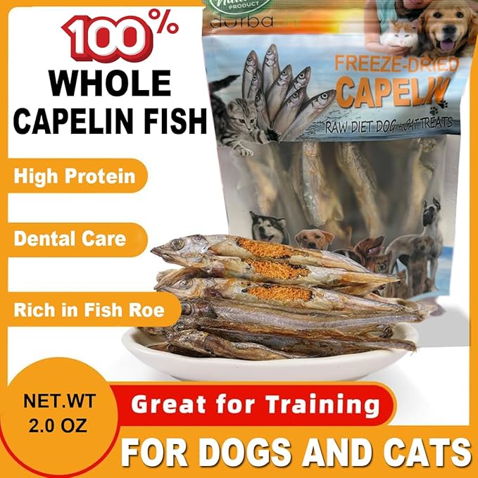 Freeze-Dried Whole Capelin Fish Dog & Cat Treats Single-Ingredient, Protein-Packed Snack Low-Calorie, Grain-Free, Ideal for Sensitive Pets (2 Ounce, Capelin)