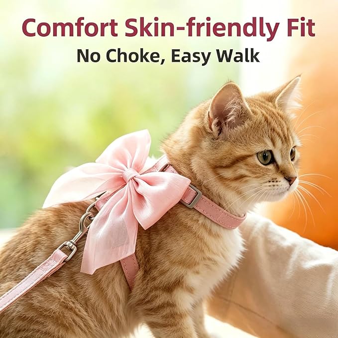 Pink Leash and Bow H-Shaped Design Harness for Small Cats Dogs, Proof Soft Adjustable Vest Easy Control Breathable Harnesses for Small Cats Dogs (S 2-7LBS)