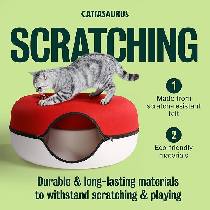 Cattasaurus Peekaboo Cat Cave Donut for Multiple & Large Cats up to 30-45 lbs, 3-in-1 Self Warming Cat Bed, Tunnel & Scratcher for Indoor Cats, Washable & Detachable Dog Bed (Ruby Snowball, Large)