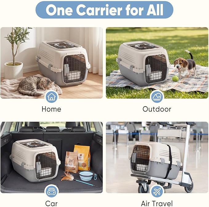 DUMOS 23" Hard-Sided Pet Carrier for Small Dogs & Cats, Airline Approved Travel Crate with Enhanced Security Latches, Front & Top Load Wire Door, Food Bowl for Traveling, Hiking, Camping, Beige&Grey