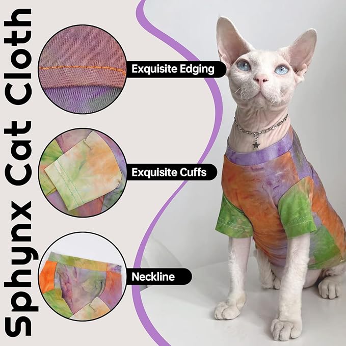 QBLEEV Sphynx Cat Clothes, Hairless Cats Rainbow Rendering T-Shirt for Spring Summer Autumn, Breathable Cat Wear Clothes Vest Shirts for Sphynx, Cornish Rex, Devon Rex, Peterbald