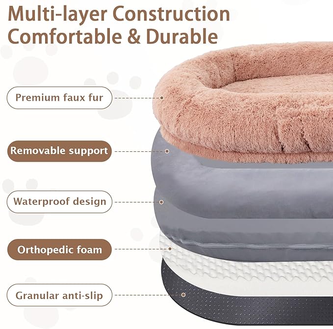 ROOMTEC Human Dog Bed, 71''x45''x12'' Size Fits Adult and Pet Washable Giant People Bed 10 CM Thick Memory Foam Large Oversize Pet Bed with Plump Pillow, Blanket, Strap - Pink