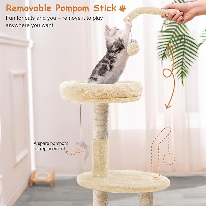Goozii Large Cat Tree Tower with Scratching Post, Modern Kitten Tower for Indoor Cats, 32 Inch Tall Carpet Sisal Cat Scratcher Stand with Big Bed Perch,Scratch Ramp, Ball Toy for Kitty (Beige)