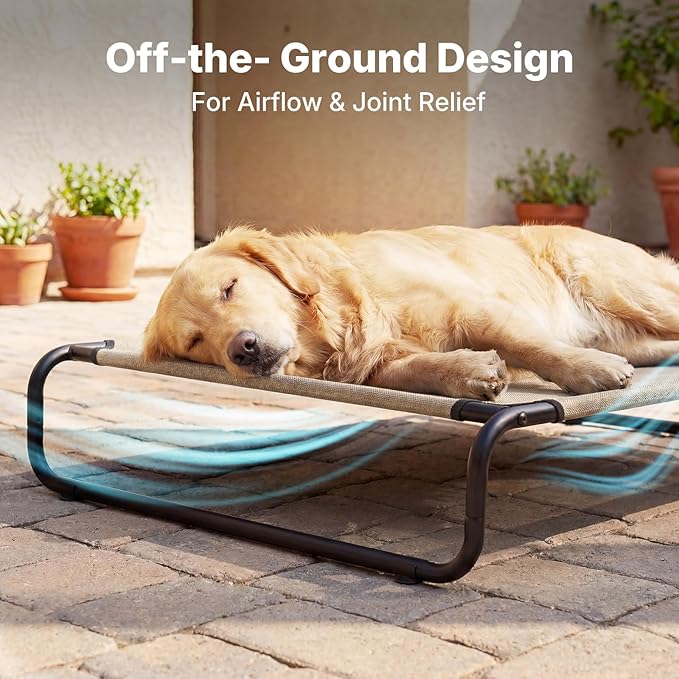 Veehoo Cooling Elevated Dog Bed, Outdoor Dog Bed for Large Dogs, Raised Dog Cot with Thickened Frame, Durable Teslin Mesh & Anti-Slip Rubber Feet, Pet Hammock for Indoor or Camping, 49" x 33", Beige