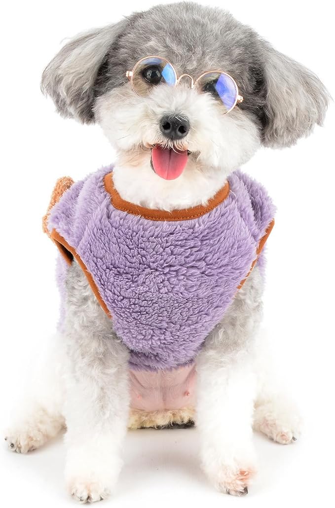 Fleece Small Dog Sweater, Solid Pet Vest with Bear Patch Elastic Soft Outfits Puppy Clothes Warm Fall Winter Apparel for Cat Chihuahua Yorkie,Purple,S