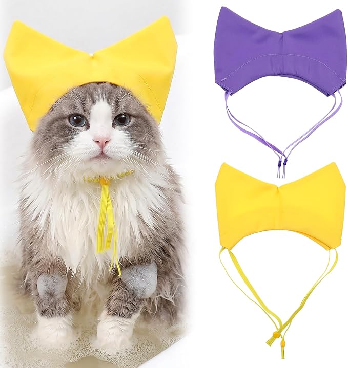 2Pcs Cat Shower Caps, Waterproof Cat Bath Hat, Bath Cap for Cats, Adjustable Strap and Cute Ears for Cats and Dogs (Purple,Yellow)