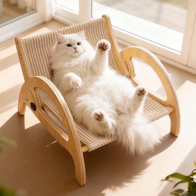 Cat Scratcher Couch, Pet Scratch Lounge, Wooden Frame Recliner, Sisal Claw Panel Adjustable Back Support, Furniture Protector Space Saving Design, Indoor Kitten Resting Bed Carpet
