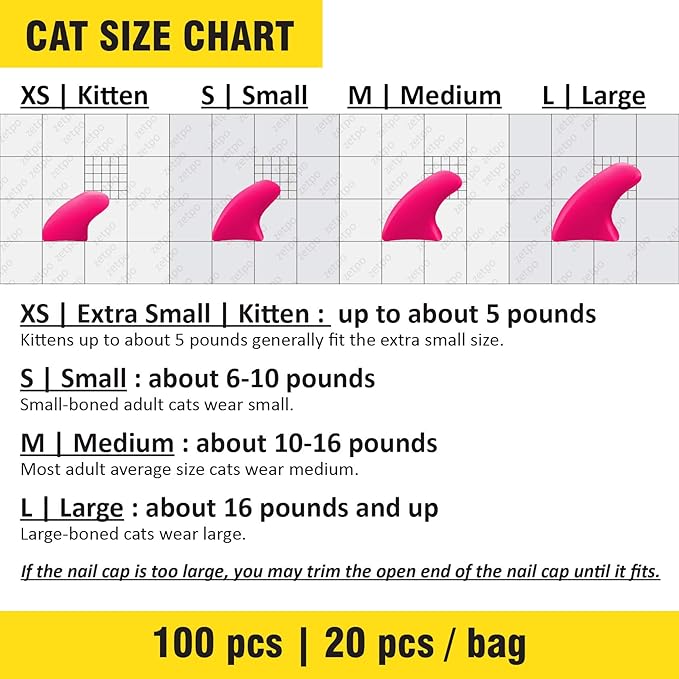 zetpo 100 pcs Cat Nail Caps | Cat Claw Covers | with Adhesives and Applicators (Clear, L)