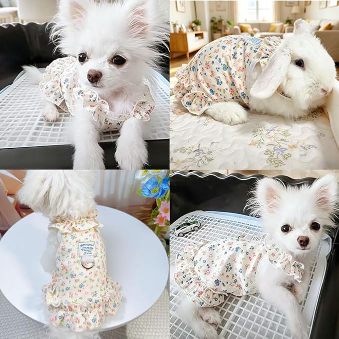 Dog Cat Cooling Summer Dress with D-Ring, Ice Silk Mesh Breathable Pet Clothes, Anti-UV Mosquito Proof, High Elastic Ruffle Dress & Half Belly Cover for Small Dogs Cats(Faint Yellow, Large)