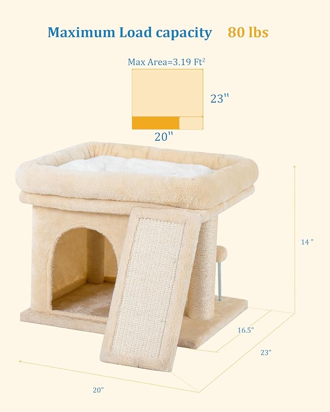 Aechonow Small Cat Tree Tower for Large Cat, Cat Bed House with Large Perch for Adult Cats, 20x16.5 Inch Big Platform for Indoor with Super Cozy Soft Mat, Large Cat Condo with Scratching Post, Beige