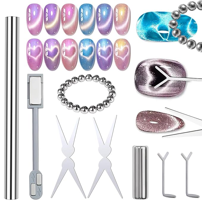 27pcs Cat Eye Nail Tools – Double-Ended Strong Nail Magnet, Magnetic Beads, Cylindrical Magnets, Scissor & Y-Shaped Plates for French Heart Cat Eye Effect