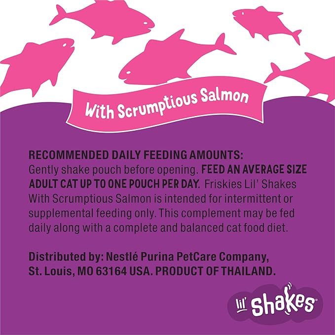 Friskies Purina Pureed Cat Food Topper,Lil’ Shakes with Scrumptious Salmon Lickable Cat Treats - 1.55 oz. Pouches,(Pack of 32)