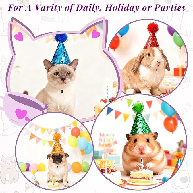 10Pcs Small Dog Party Hats with Sequins, Cats Adjustable Holiday Hats, Puppy Paper Hats for Birthday, Mini Party Hats for Stuffed Animals, Glitter Birthday Party Hats with Pom Poms for Pets
