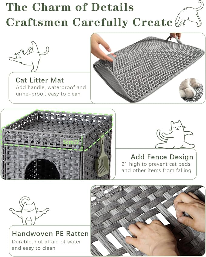 SETVSON Cat Litter Enclosure with Hidden Litter Mat and Rattan Cat House, Supports Two Litter Boxes, Ideal for Living Room or Bedroom (Gray)