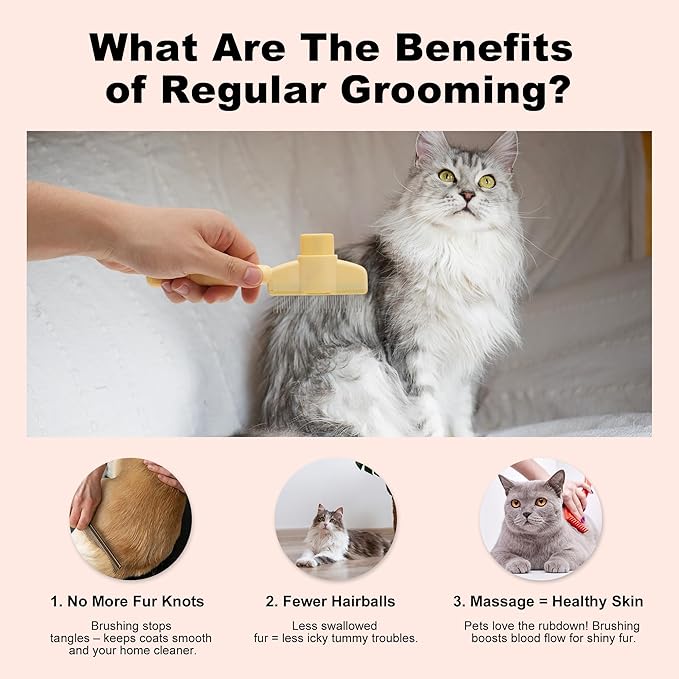 Cat Comb, Pet Hair Removal, Flea Exit, Grooming Brush with Release Button, De-Shedding Brush for Short and Long Hair Yellow