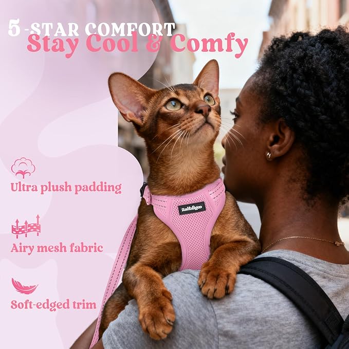 rabbitgoo Cat Harness and Leash, Escape Proof Vest with 3 Adjustable Buckles, Soft Comfortable Kitten Harness, Easy to Wear, Reflective for Safe Outdoor Walking, Medium, Pink