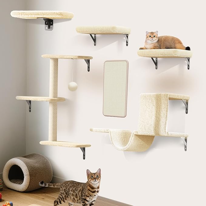 Cat Wall Shelves for Large Cats, Stable & Safe Kitty Walls Furniture Set for 40LBS Cats with Wooden Cat Climber,House, Bridge, Tree, Steps, and Scratcher for 16 Inch Drywall (Beige, 5-in-1)