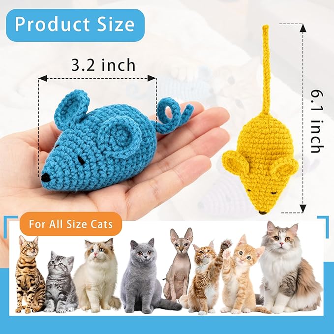 Retro Shaw Catnip Toys Crochet Mouse 6 Pcs - 100% Natural Catnip & Silvervine Blend Yarn Cat Nip Mice, Durable Hand-Knitted Teething Chew Toy for Indoor Cats & Kittens, Interactive Play & Dental Care