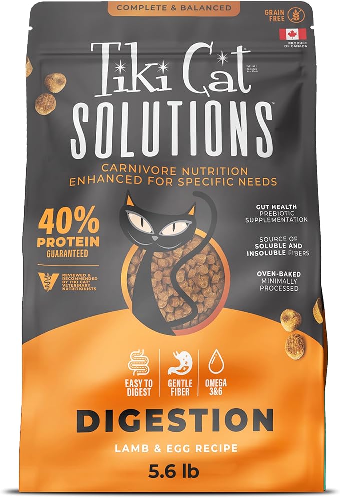 Tiki Cat Solutions Dry Cat Food, Digestion, Lamb & Egg, 5.6 lbs. Bag