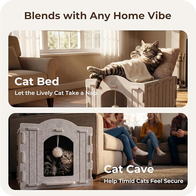 Cat Bed Cave for Indoor Cats: New Felt Cat Bed with Fluffy Ball, Foldable Cat House with Scratch-Resistant Board, Hideaway Cat Cave for Timid Cats, Sturdy Two-Tier Cat Condo & Cat Houses