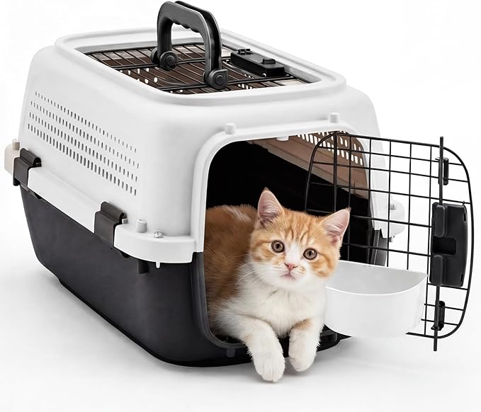 DUMOS 23" Hard-Sided Pet Carrier for Small Dogs & Cats, Airline Approved Travel Crate with Enhanced Security Latches, Front & Top Load Wire Door, Food Bowl for Traveling, Hiking, Camping, White&Black