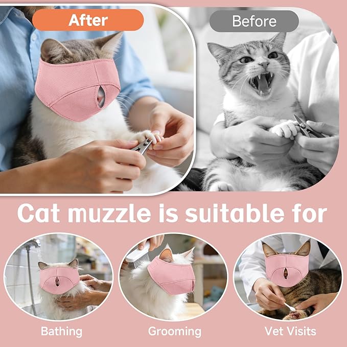 BARKLESS Cat Calming Muzzle for Grooming & Nail Trimming, Oxford Muzzle with Shading Design to Help Calm the Cat Down, Soft Head Cover to Prevent Biting & Scratching (Pink, L)