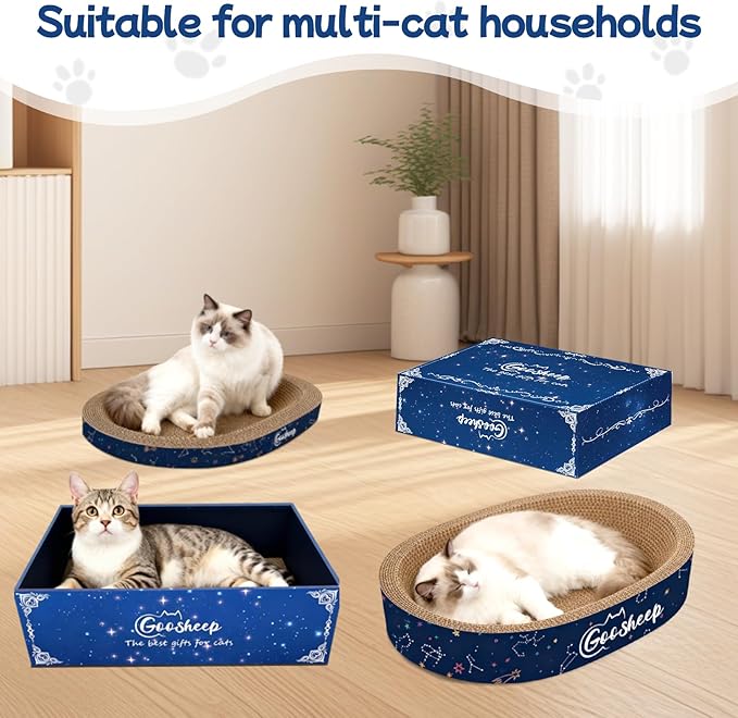 Goosheep 4-in-1 Cat Scratcher and Bed, 2 Scratching Pads & 2 Oval Loungers for Indoor Cats, Multi-Cat Household Cardboard Scratcher Furniture with Cat Bed Design to Save Your Couch