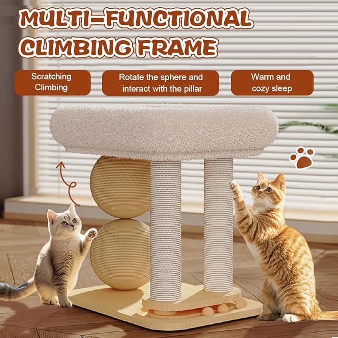 Modern Solid Wood Pet Cat Climbing Tree Tower with Sisal Ball Cooling Mat Cat Scratching Posts Wear Resist Integrated Sisal Bed Pet Climbing Frame Indoor for Summer (16.38X15.21X11.31 inch)
