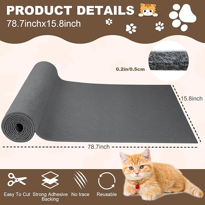 Cat Scratch Furniture Protector, 78.7"x15.8" Trimmable Anti-Scratch Mat with Adhesive Stickers & Thumbtacks, Self-Adhesive Scratch Pad for Couch, Sofa, Wall, Door and Cat Tree, Dark Grey
