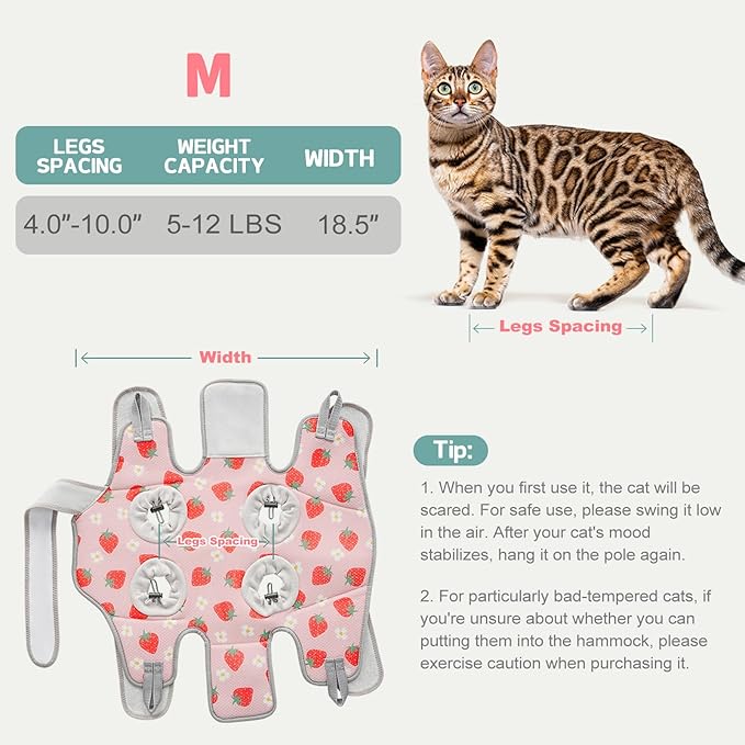 Supet Cat Grooming Hammock Harness for Nail Trimming, Cat Grooming Hanging Sling for Nail Clipping, Pet Restraint Holder for Cutting Nails, Medicine, Ear & Teeth Cleaning, Eye Care (Strawberry M)