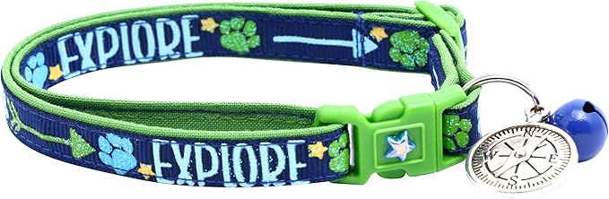 Explore Cat Collar with Charm & Bell | Safety Breakaway Collar | Adjustable Large Size or Kitten Collar (Navy, Large(10lbs & Up))