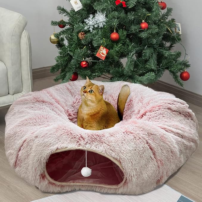 AUOON Cat Tunnel Bed for Indoor Cats - Large Cat Donut Tunnel with Hanging Ball Toy, Collapsible 2-in-1 Multifunctional Interactive Cat Toy for Kitten, Puppy, Rabbit, Ferret (Light Pink)