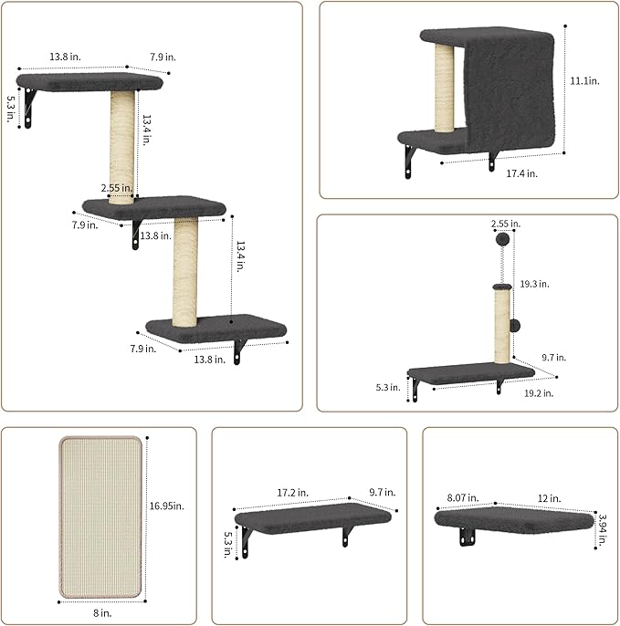 Cat Wall Shelves for Large Cats, Stable & Safe Kitty Walls Furniture Set for 40LBS Cats with Wooden Cat Climber,House, Bridge, Tree, Steps, and Scratcher for 16 Inch Drywall (Black, 6-in-1)