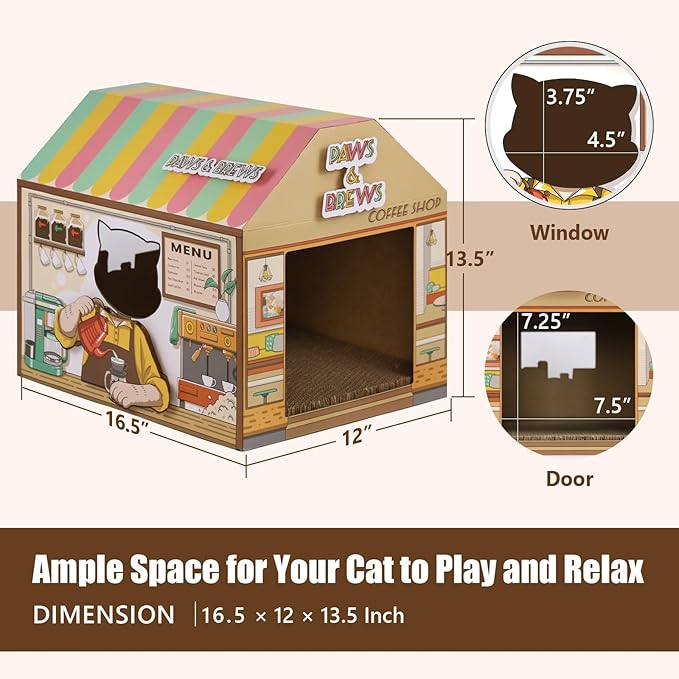 SEKAM Cardboard Cat House with Scratcher/Catnip, (16.5''x12''x15'') Kitty Coffee Shop for Indoor/Outdoor Cats, Cat Play House&Home Decor, Cat Scratch Toy for Birthday, Hideout for Bunny Small Animals