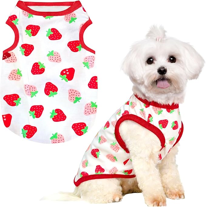 PETCARE Cartoon Dog Shirts for Small Dogs Cute Dog Clothes Red Strawberry Tshirt Soft Cotton Puppy Pajamas Breathable Sleeveless Pet Tank Top Spring Summer Dogs Clothes for Chihuahua Yorkie Shih Tzu