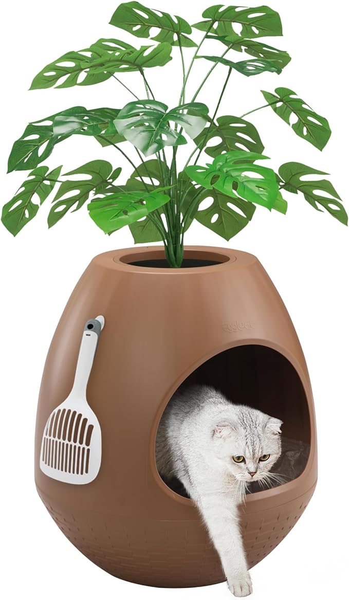 Eggloa6 Hidden Cat Litter Box with Artificial Plants - Egg-Shaped Enclosure Includes Scoop, Discreet Furniture for Home Decor, DIY Assembly Cat Litter Box Cabinet for Living Room (Coffee)