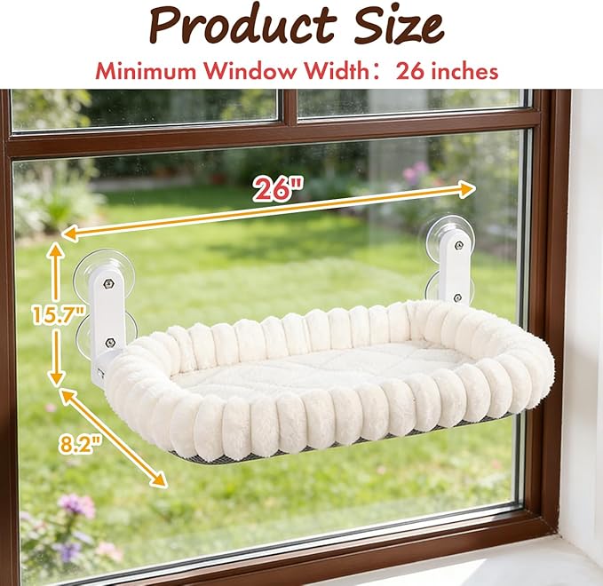 Zoratoo 2PC Cat Window Perch with Bolster Foldable Cat Hammock Cushion Bed for Window with Metal Frame, Cloud-Cuddle Cordless Window Resting Seat for Indoor Cats (Cushion Bed, White-L)