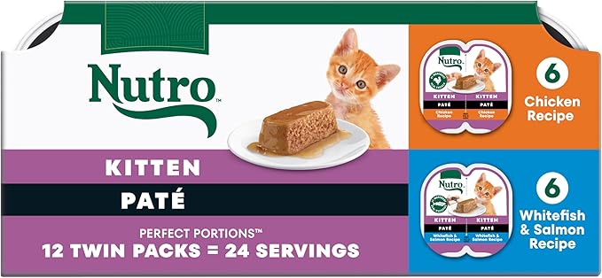 Nutro Perfect Portions Wet Kitten Food Pate Chicken Recipe and Whitefish and Salmon Recipe, Pate Wet Cat Food, 2.6 oz. Twin-Pack Trays, 12 Count, 24 Servings