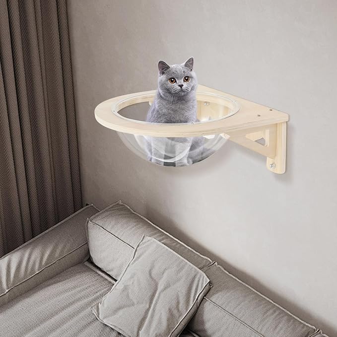 Wall Mounted Cat Bed, Clear Space Capsule for Indoor Cats - 16.5 lbs Capacity Semi-Enclosed Perch for Anxious Cats, Space-Saving Modern Cat Furniture for Apartments