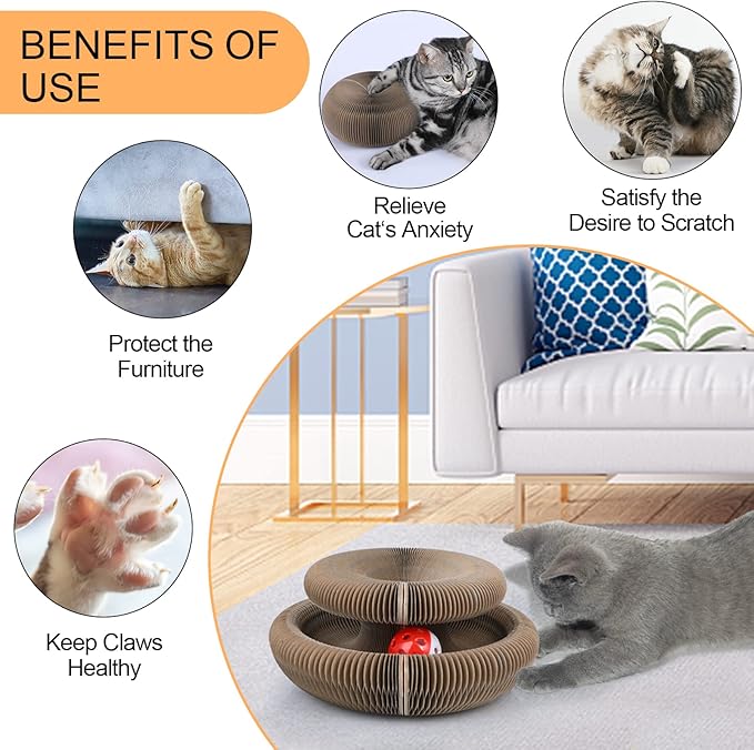FluffyDream Magic Organ Cat Scratching Board, Interactive Scratch Pad with a Ball, Cat Scratcher for Grinding Claw, Recyclable and Durable, Furniture Protector, Retractable, Brown, Reversible