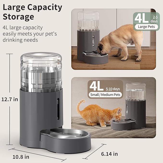 JUNSPOW Cat Water Dispenser and Stainless Steel Bowl, Automatic Gravity Water Dispenser for Cats or Small Medium Size Dogs, Large Capacity, Easy to Clean and Safe for Pets