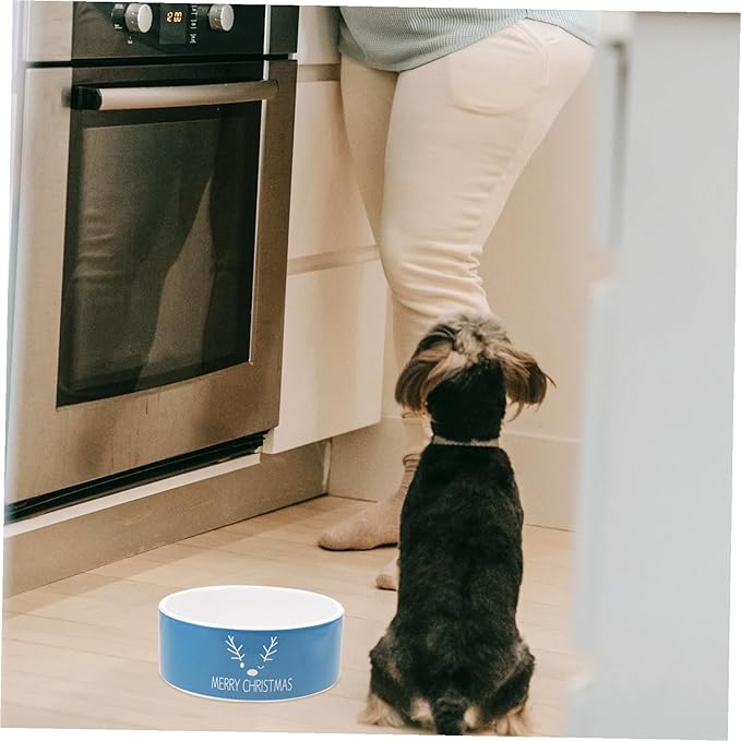 GALPADA Christmas Ceramic Cat Bowl and Pet Food Dish, Blue Reindeer Design, Sturdy Ceramic Material, Suitable for Cat Feeding and Watering, Holiday Themed Pet Supply for Indoor Use