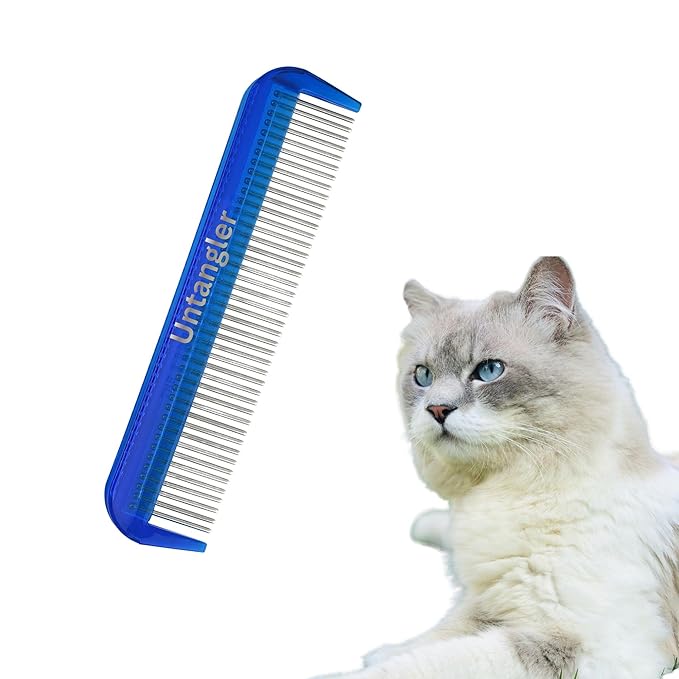 Cat Comb with Silky Smooth Rotating Teeth - Clears Mats Gently (5" Ultra Fine, 7" Dual-Spaced) (Blue, 5" Ultra Fine)
