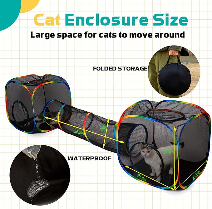 Outdoor Rainbow Cat Enclosures Playground,Outside House for Indoor Cats Include Portable Tent, 2 Way with 2 Cube Tunnel, for Kitty and Small Animals,Within Storage Bag