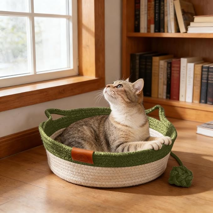 Instinct Basket for Cats - Handwoven Cotton Rope Enrichment Bed with Attached Toy Tail, Scratchable Interactive Pet Nest Features Flexible Walls to Fight Boredom & Protect Furniture (Green)