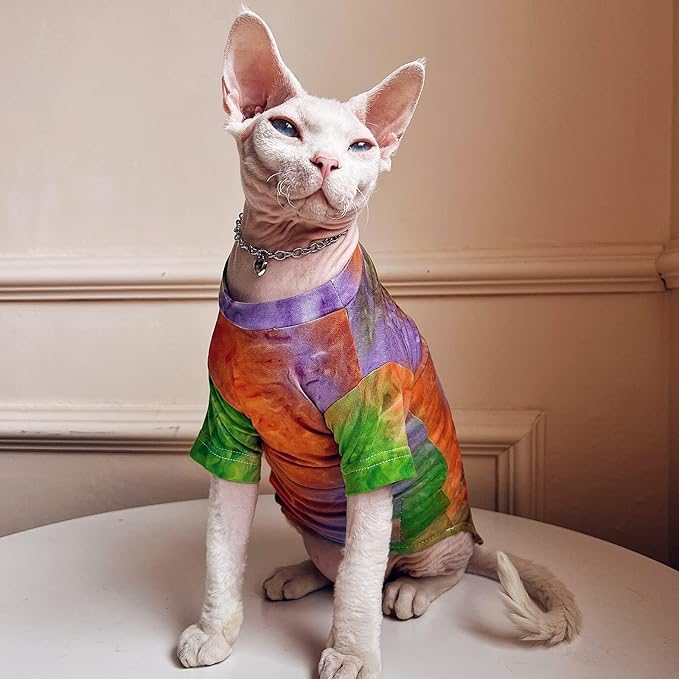 QBLEEV Sphynx Cat Clothes, Hairless Cats Rainbow Rendering T-Shirt for Spring Summer Autumn, Breathable Cat Wear Clothes Vest Shirts for Sphynx, Cornish Rex, Devon Rex, Peterbald