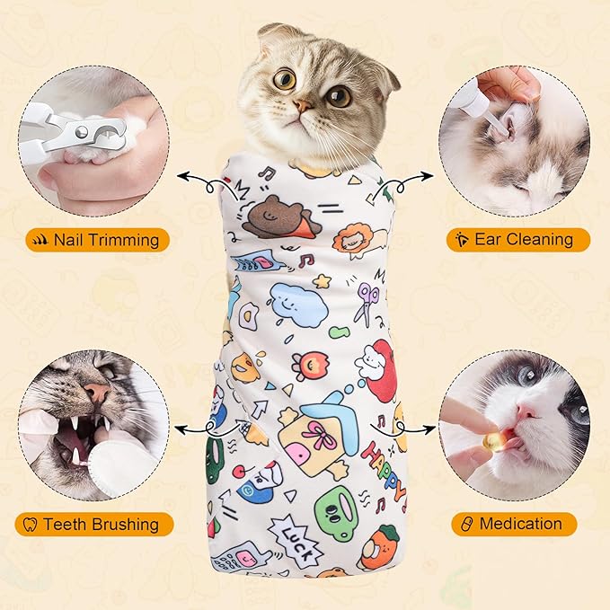 ondware 31.5 in Cat Wrap for Cutting Nails, Self-Adhesive Cat Grooming Wrap Anti-Escape Cat Restraint for Nail Clipping Cat Swaddle Wrap Cat Wrapping Cloth for Pet Cleaning and Beauty (Within 22 lbs)