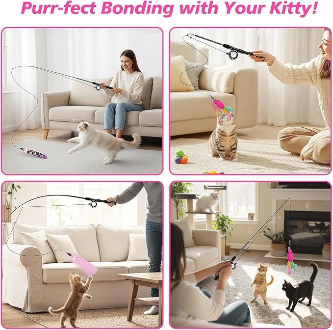 Pawaboo Cat Teaser Wand Toys, Cat Fishing Pole Toy with 3 Pack Feather Refills, 3-Section Retractable Kitten Feather Toys with Pulley, Indoor Cats Teaser Catcher Exerciser with Bell, Rose Red + Pink