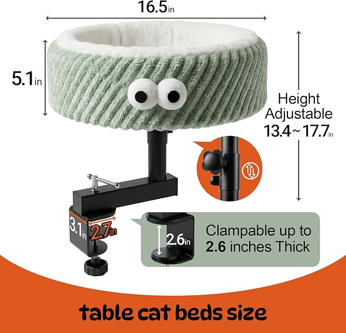Cat Desk Bed, Height Adjustable 360° Rotating Desk Mounted Cat Bed, 2-in-1 Cat Desk Perch Hammock, Desk Cat Bed Attachment with Washable Cushion for Most Cats (Green)